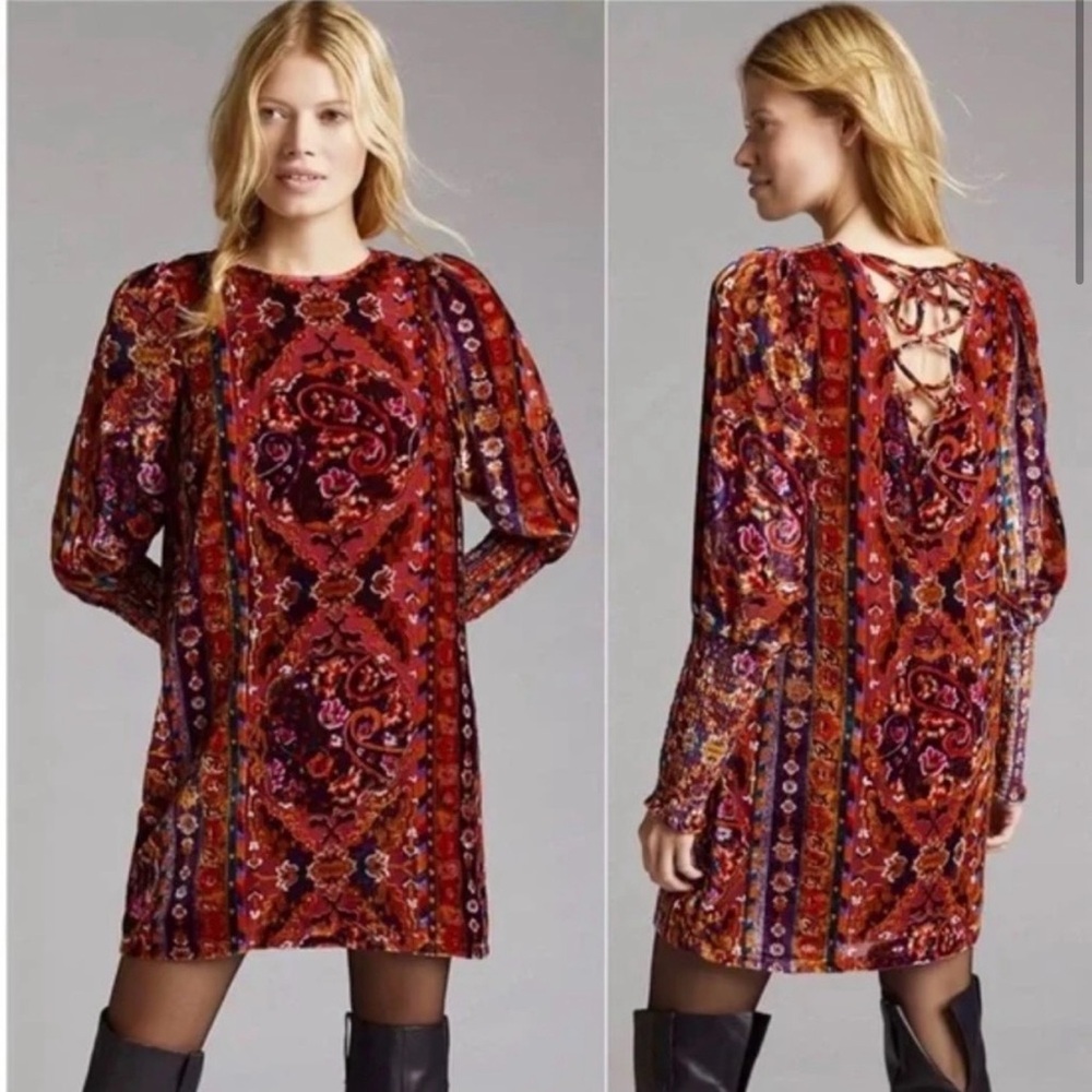 Velvet Burnout Shift Mini Dress Womens 8 Anthropologie Floral Long Sleeves
